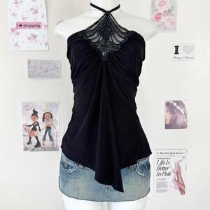 Rare Y2K Black Halter Lace Drape Top Indie Sleaze Goth